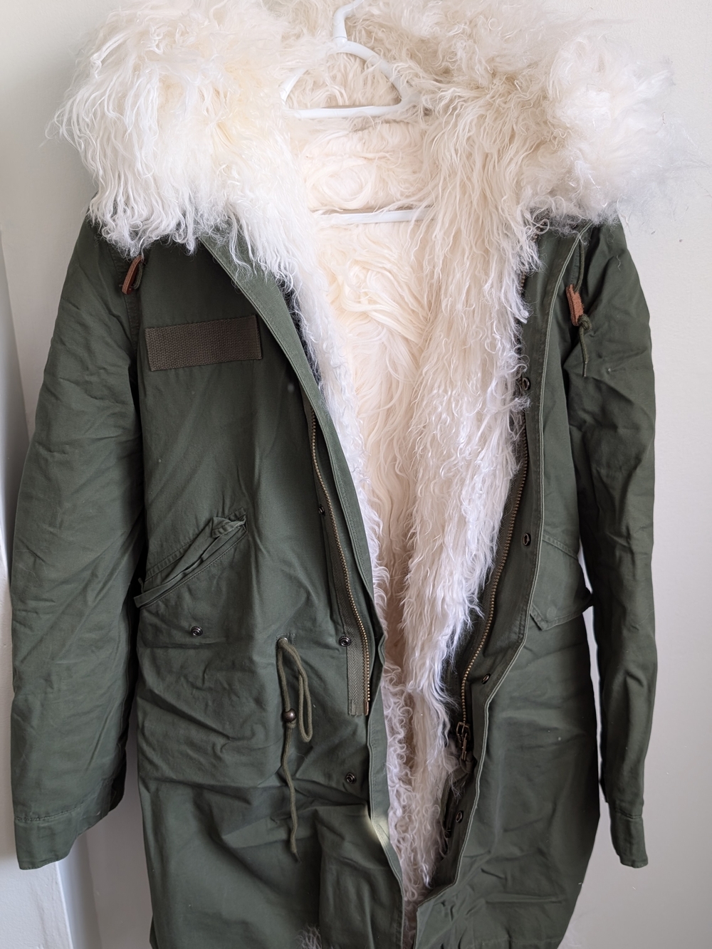 Olive Green Parka Coat with Cream Real Shearling Lining